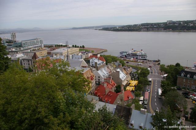 Old Quebec City harbor area with buildings with colorful roofs and the Saint Lawrence river.jpg
