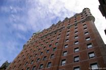 Looking up a side of the Fairmont Château Frontenac Hotel in Quebec.jpg